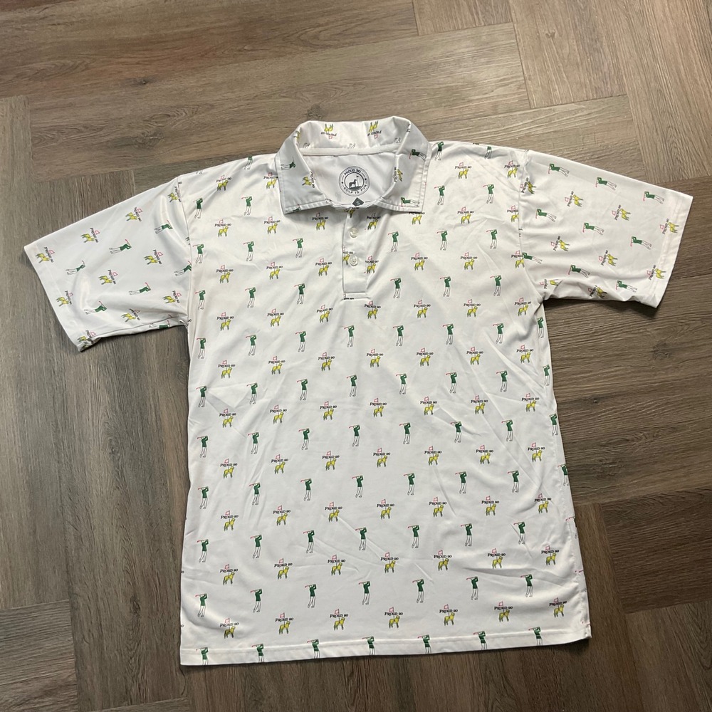 Proud 90 Masters Dog‎ Print Golf Performance Polo Shirt Mens Small White Green